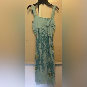 XS blue silk dress with hanging ivy and butterflies